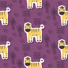 Fototapeta premium Vector sticker pattern with zebra.Tropical jungle cartoon creatures.Pastel animals background.Cute natural pattern for fabric, childrens clothing,textiles,wrapping paper.