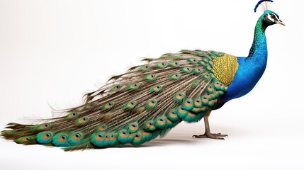 Obraz premium Cute male peacock in front of white background AI generated image