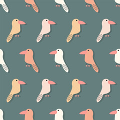 Vector seamless pattern with bird.Tropical jungle cartoon creatures.Pastel animals background.Cute natural pattern for fabric, childrens clothing,textiles,wrapping paper.