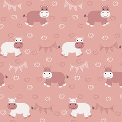 Vector seamless pattern with hippopotamus.Tropical jungle cartoon creatures.Pastel animals background.Cute natural pattern for fabric, childrens clothing,textiles,wrapping paper.