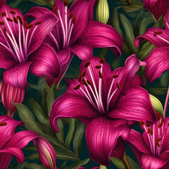 Seamless realistic pink color lily flowers pattern. Generative AI