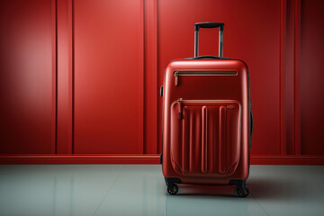 Red Suitcase at Airport with Red Wall and Gray Floor