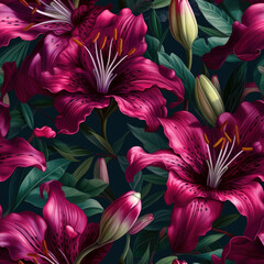 Seamless realistic pink color lily flowers pattern. Generative AI