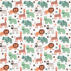 Vector seamless pattern with elephant, lion, giraffe, zebra, rhinoceros.Tropical jungle cartoon creatures.Pastel animals background.Cute natural pattern for fabric, childrens clothing,wrapping paper.