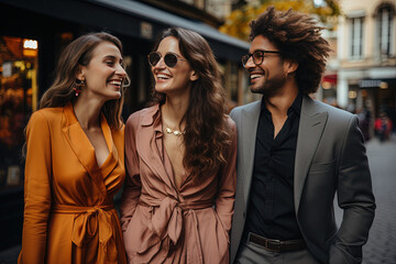 Chic and modern friends in a perfectly coordinated fashion shoot, showcasing their camaraderie