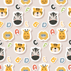 Obraz na płótnie Canvas Vector sticker pattern with lion, zebra, giraffe, lizard.Tropical jungle cartoon creatures.Pastel animals background.Cute natural pattern for fabric, childrens clothing,textiles,wrapping paper.