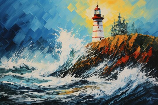 An acrylic oil painting depicting a lighthouse and ocean waves. Generative AI