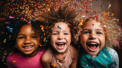 Adorable little children celebrating, falling confetti. Generative AI