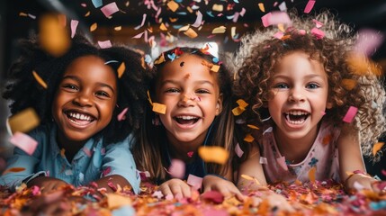 Adorable little children celebrating, falling confetti. Generative AI