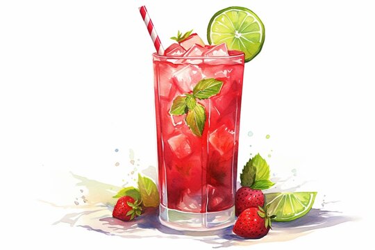 Colorful illustrated painting of a fruity cocktail, depicting a strawberry daiquiri mojito, in a vibrant watercolor style, isolated on a white background. Generative AI