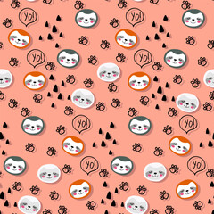 Vector seamless pattern with sloth.Tropical jungle cartoon creatures.Pastel animals background.Cute natural pattern for fabric, childrens clothing,textiles,wrapping paper.