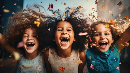 Adorable little children celebrating, falling confetti. Generative AI - obrazy, fototapety, plakaty