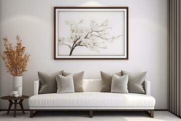 Living room frame mockup with wall art and decorative pillows in a home interior. Generative AI