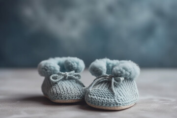 Knitted cute baby booties on cloudy background 