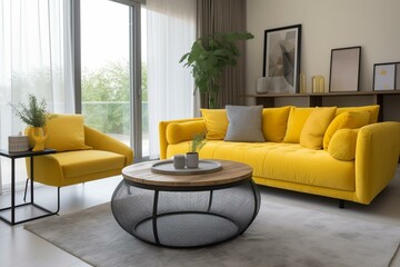 Modern living room with vibrant yellow sofa and center table. Generative AI