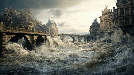 Water masses sweep away a bridge and houses, dramatic scenes, concept: Natural disasters, 16:9