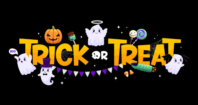 Trick or treat banner with cute kawaii ghost characters and sweets. Vector Halloween holiday funny pumpkin, skull and zombie lollipops, corn candy and witch finger cookie, cobweb and flags garland
