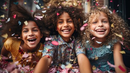 Obraz na płótnie Canvas Adorable little children celebrating, falling confetti. Generative AI