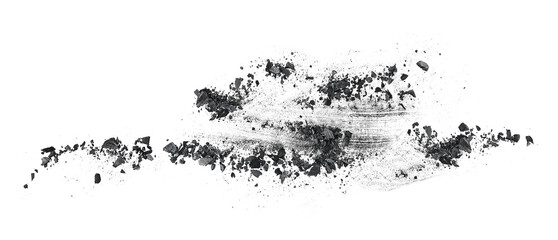 Black coal dust with fragments isolated on a white background, top view. Charcoal dust.