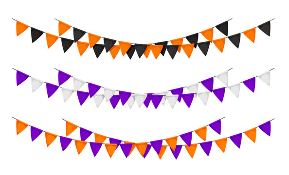 Halloween holiday garland pennants and flags decor, horror night vector decorations. Halloween holiday and trick or treat party banner flags with orange, black and purple colors for celebration