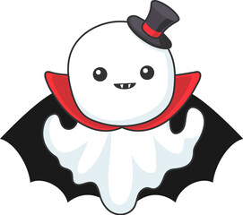 Cartoon kawaii Halloween ghost character dons cute vampire costume with black cape, red collar, top hat and fangs, participate in trick or treat party, blending playful spooky and adorable ensemble