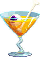 Halloween cocktail with eye and bone for holiday drink, cartoon vector. Halloween party Margarita cocktail drink in glass with bubbling yellow potion of soda lemonade or beverage with drinking straw