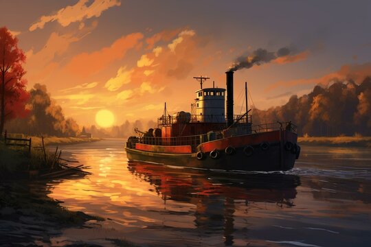 A cargo barge on a river at sunset. Generative AI
