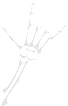 Skeleton hand making rock or devil horns gesture gesture, with bony fingers contorted in a haunting and otherworldly pose. Isolated vector skeletal palm evoking a sense of mystery and dread