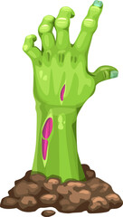 Cartoon zombie hand sticks out from the ground, its decayed and green fingers grasping for something, Isolated vector dead body or corpse palm with torn skin and rotten flesh sticking out of soil