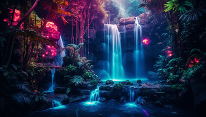 waterfall in tropical jungle glowing colorful neon made with Generative AI - obrazy, fototapety, plakaty