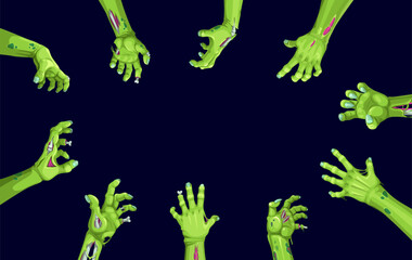 Halloween zombie hands vector frame of horror holiday. Cartoon evil monster arms reaching out with creepy green skin, broken fingers and exposed bones. Halloween spooky zombie or undead hands border © Vector Tradition