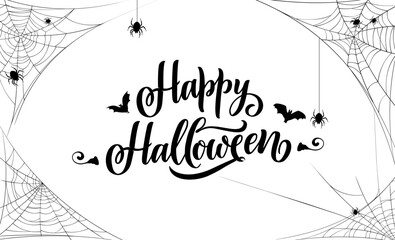 Happy Halloween banner with cobweb and spiders for holiday horror party, vector background. Halloween greeting card with scary flying bats and spooky spiders in spiderweb frame or corner borders