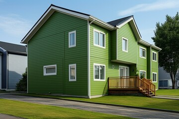 Fototapeta na wymiar Duplex houses with green wood vinyl sidings. Generative AI