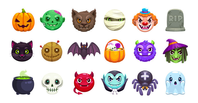 Cartoon Halloween emoji set, monster boo emoticons and spooky faces, vector smiles. Halloween holiday emoji of creepy pumpkin, zombie, vampire and mummy, spooky werewolf and witch with tombstone
