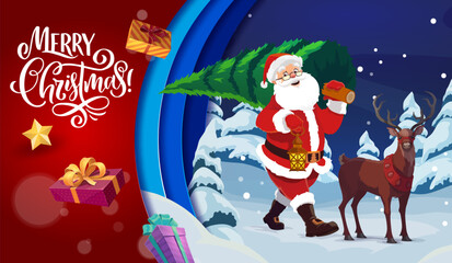 Christmas paper cut banner. Cartoon cheerful santa with pine tree and deer in winter forest. Vector greeting card with 3d layer effect, funny Father Noel with reindeer carry spruce in night snowy wood