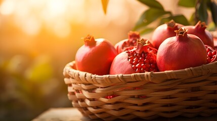 Fototapeta na wymiar Close up pomegranates in a basket. Organic blurred summer background.