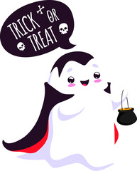 Cartoon Halloween kawaii ghost character playfully dons cute vampire costume with cauldron for candies in hand, participate in trick or treat party, blending spooky and adorable bewitching ensemble