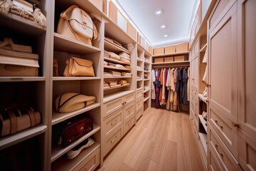 spacious walk-in wardrobe with a lot of shelves and cabinets - 645093736