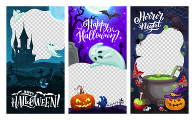 Halloween holiday social media templates with monsters, pumpkins and ghosts, cartoon vector. Halloween frames with spooky zombie hand from grave, witch potion cauldron and spiders on cemetery