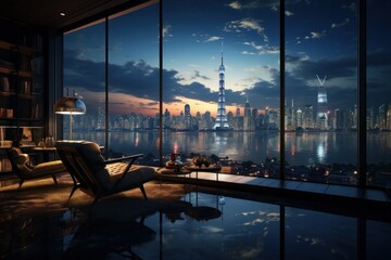 a room in a luxury building in a modern city by night