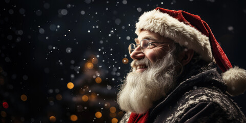 New Year's banner with a smiling man in a Santa Claus costume among the falling snow