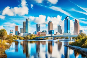 Fototapeta na wymiar Panoramic view of Tampa's downtown skyline, overlooking the freeway and riverwalk. Generative AI