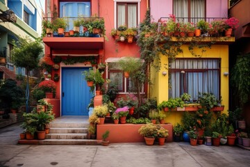 residential building with colorful entrance and blooming plants. Generative AI