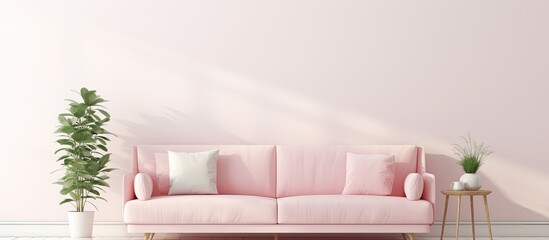 Empty wall in white living room interior with a pastel pink couch. Copy space available.