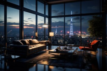 Luxurious Penthouse Living Room with Cityscape View at Dusk