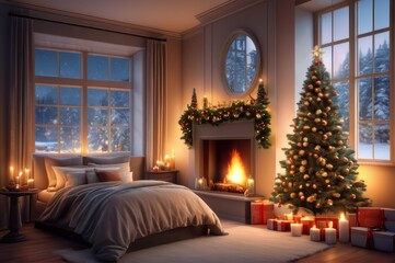 Obraz premium cozy domestic christmas interior with window, bed, candles and fireplace
