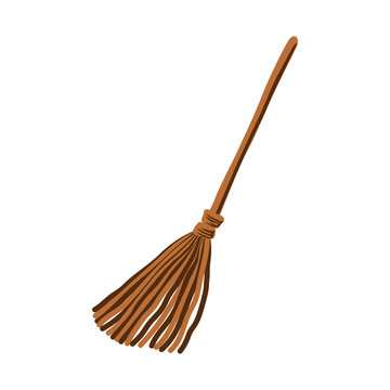 A brown broom with a wooden handle. Witch magic symbol of Halloween. Tool for dusting and sweeping around the house. Vector illustration.