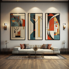 Contemporary living room interior wall hanging paintings with chair and table