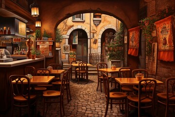 Fototapeta na wymiar Artwork showcasing a cozy eatery serving delectable Italian cuisine. Generative AI