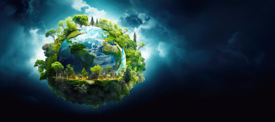 Green Trees on Earth in Space. Ecology Friendly. World Environment and Sustainable Development concept Banner